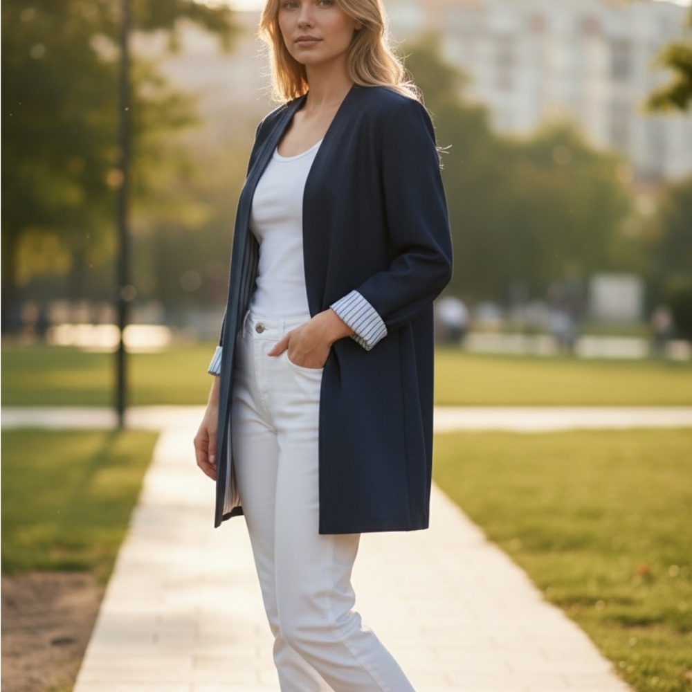 Elegant Sophisticated Navy Women's Tahari Coat Striped Satin Lining Size 14 - Picture 2 of 7